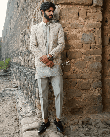 Grey 3-Piece Embroidered Suit with Prince Coat For Men